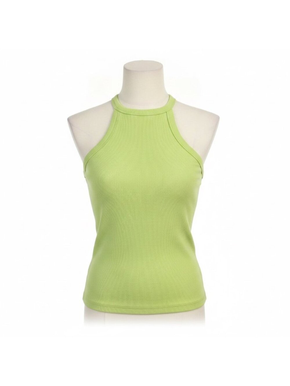 Zara Womens Lime Green Ribbed Cotton-Blend High-Neck Racerback Tank Top Size M